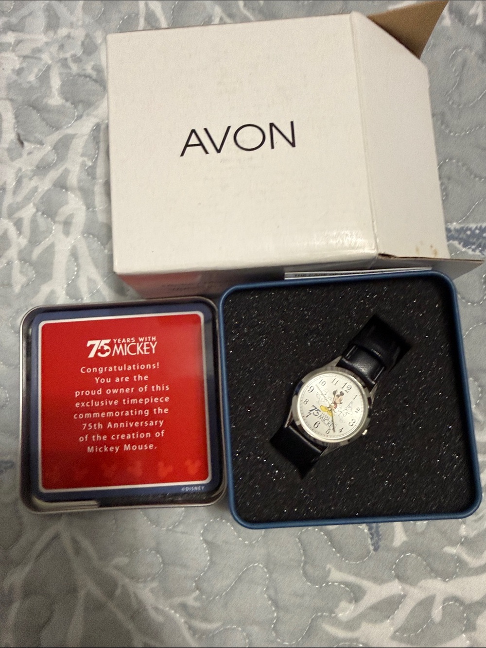 Avon Silver-Tone Case Black Leather Strap Mickey Mouse Commemorative Watch